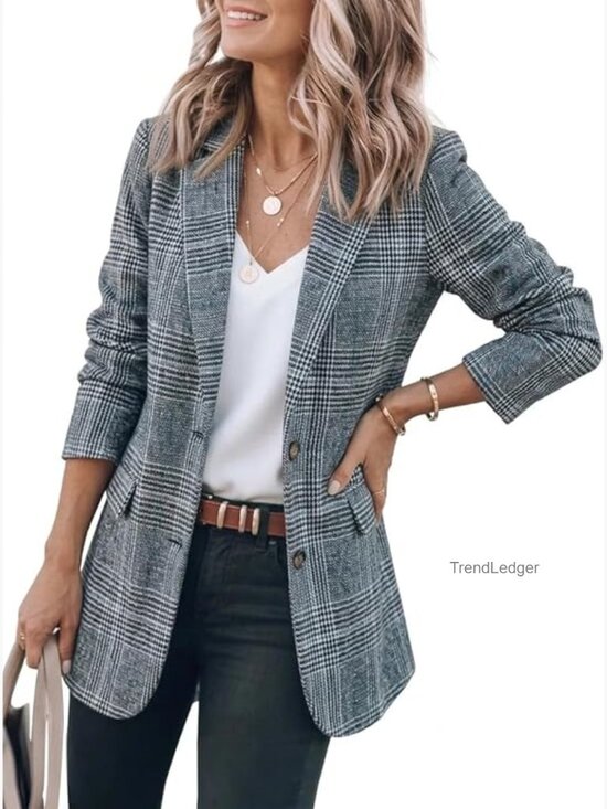 Jackets & Blazers - Tweed Blazer Houndstooth Notch Lapel Double Button Suit Jacket Work
